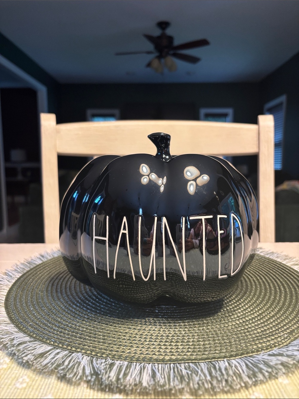 Rae Dunn Glossy Black Ceramic Haunted Pumpkin